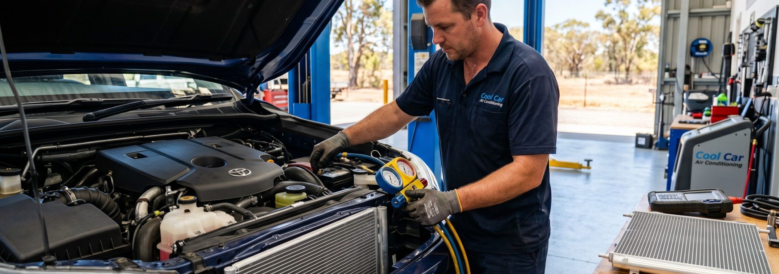 Mechanic performing professional car AC repair for cool Car Air Conditioning.