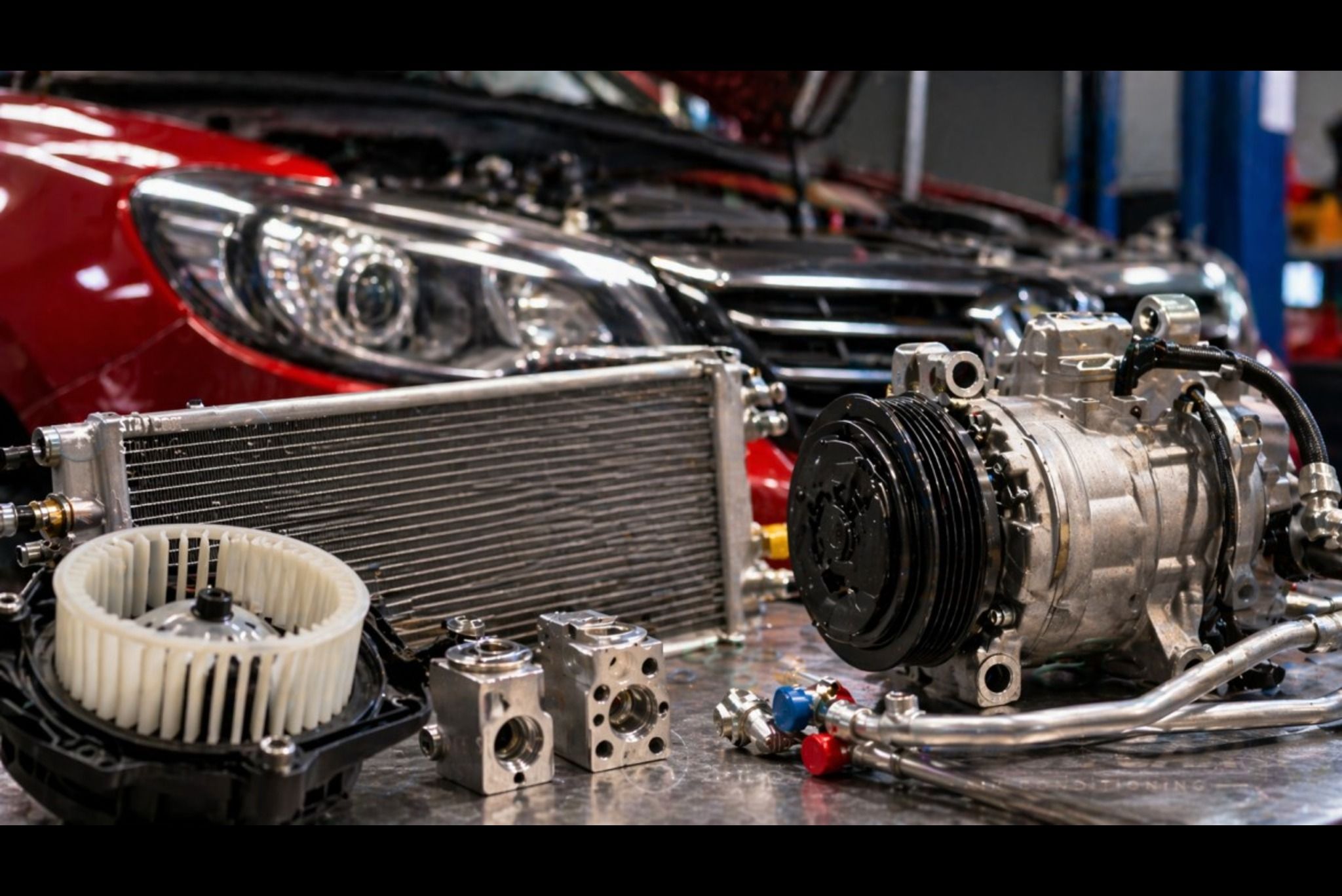 car AC parts including compressor and condenser used in automotive air conditioning repair.