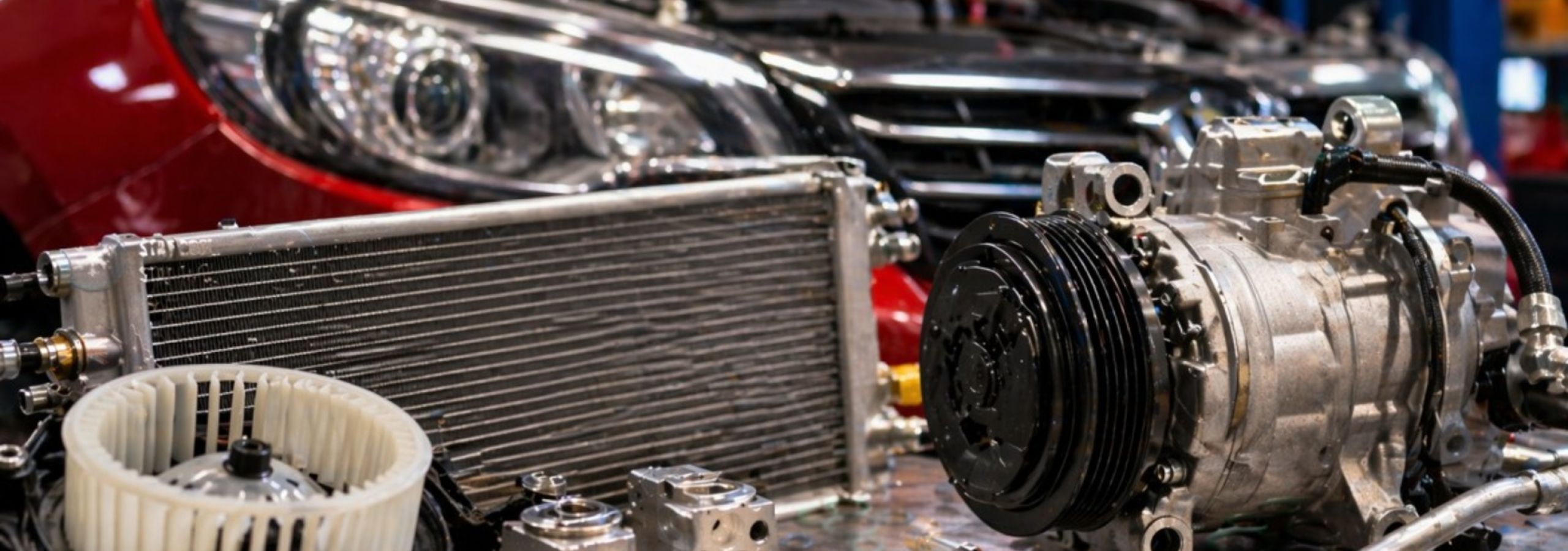 car AC parts including compressor and condenser used in automotive air conditioning repair.