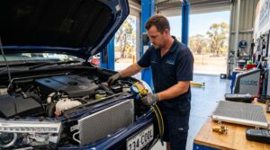 Mechanic performing professional car AC repair for cool Car Air Conditioning.