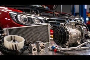 car AC parts including compressor and condenser used in automotive air conditioning repair.